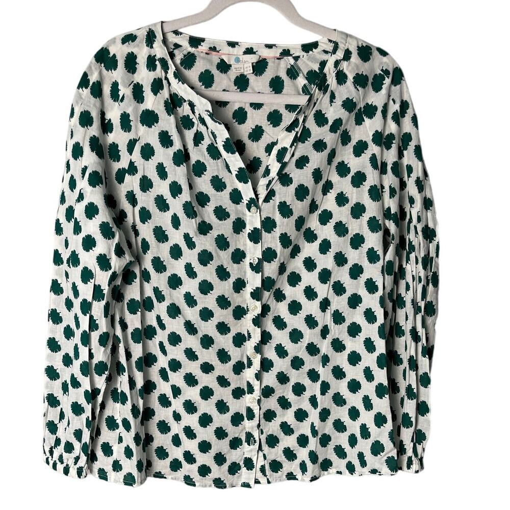 Boden Esme Linen/Cotton Green & White Leaf Button-Down Blouse Size 10